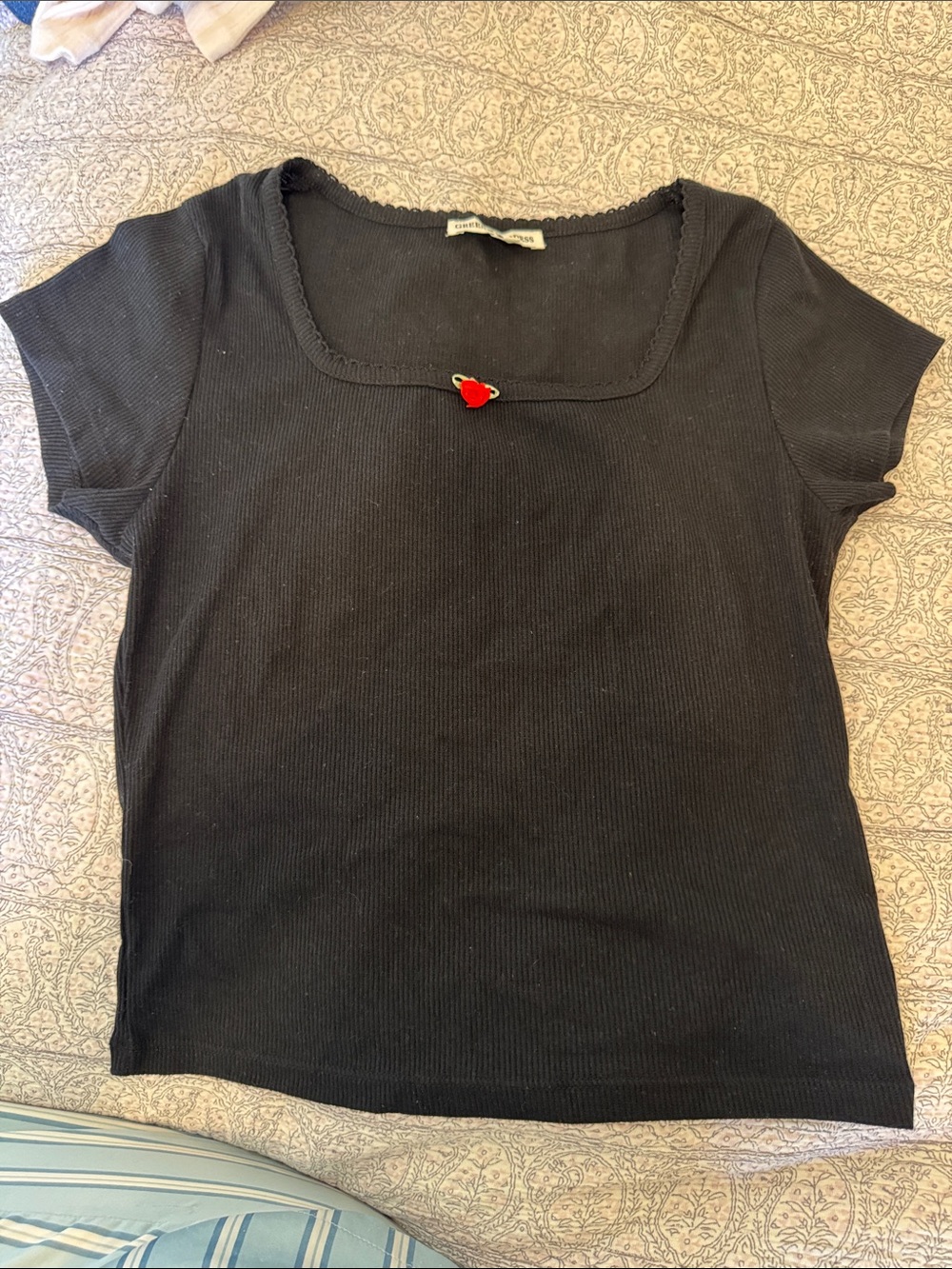 Black Scoop Neck Short-Sleeve Tee with Red Rose Accent